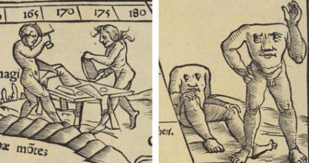 Map details of monster images showing two men cutting up body parts and headless men with faces on their torsos.