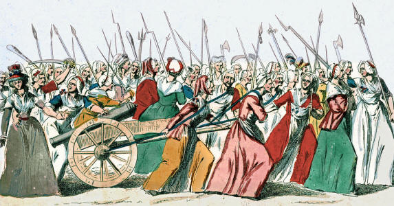 An illustration of a crowd of women marching with various weapons