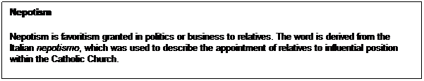 Text Box: Nepotism
Nepotism is favoritism granted in politics or business to relatives. The word is derived from the Italian nepotismo, which was used to describe the appointment of relatives to influential position within the Catholic Church.
